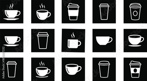 Coffee cup and takeaway drink icon grid set with black background, minimalist cafe beverage symbols for modern branding design