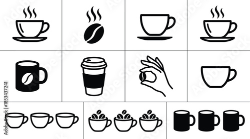 Coffee and hot drink icon grid set with cups, mugs, beans, takeaway coffee symbols isolated on white background minimalist style
