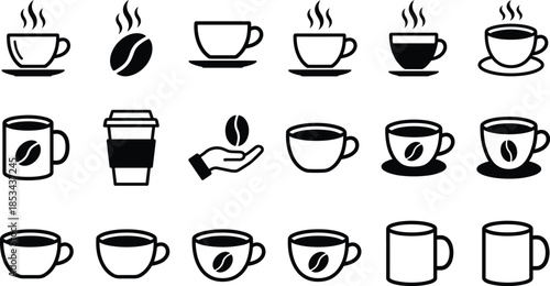 Coffee and hot beverage icon set with cups, mugs, beans, takeaway drinks isolated on white background minimalist design