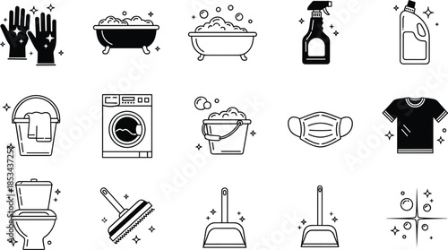 Cleaning icons set illustrating hygiene supplies, laundry, bathroom sanitation tools, disinfectant bottles, household chores, sparkle symbols, minimal line vector design