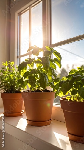 Sunlight through window on herbs