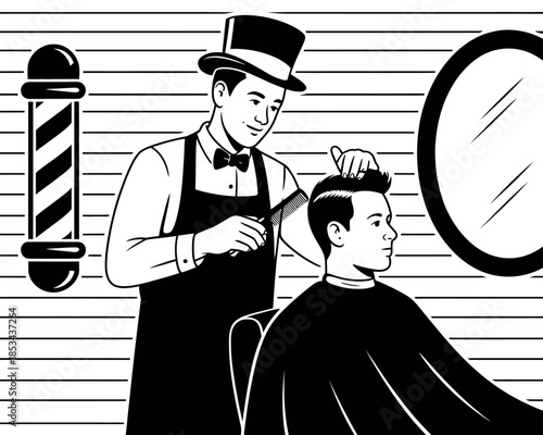 A barber wearing a top hat cuts a customer's hair in a classic barbershop.
