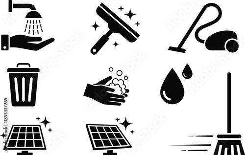 Cleaning icons set showing hygiene, waste management, renewable energy, hand washing, vacuuming, eco friendly household maintenance flat vector illustration