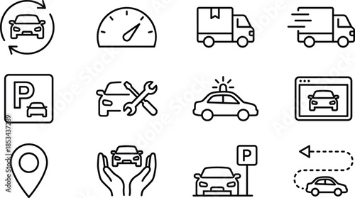 Car service and logistics line icon set featuring parking delivery repair navigation safety transportation symbols collection