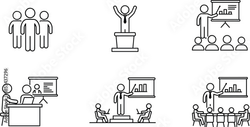 Business presentation and leadership icons set, showing teamwork training meeting conference strategy management vector illustration collection corporate office seminar education