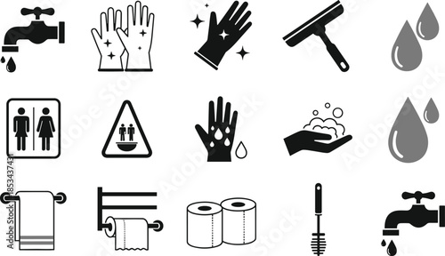 Bathroom hygiene icons set featuring faucet soap hands toilet paper towels cleaning symbols water drops sanitation vector illustration collection design