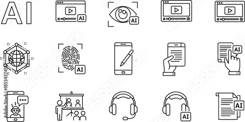 Artificial intelligence outline icon set featuring AI video, biometric security, mobile apps, chatbot, education, automation technology symbols