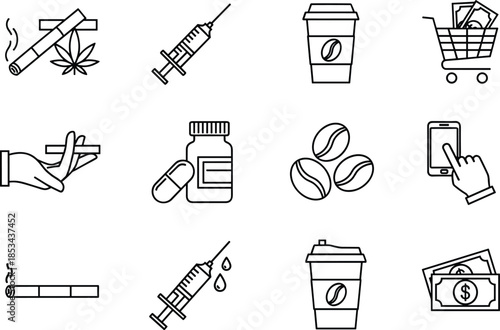 Addiction and lifestyle line icon set featuring smoking, drugs, coffee, shopping, medicine symbols isolated on white background for modern awareness