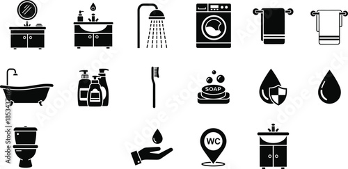 Bathroom hygiene and sanitation icons set with shower sink toilet soap towels water drops laundry vector illustration collection