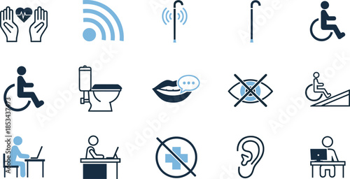 Accessibility and disability support icons set showing healthcare assistance mobility aids communication symbols inclusive design vector illustration