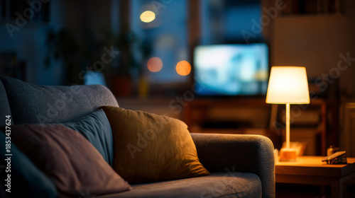 A calm living room at sunset, with warm light and empty seating, reflecting a quiet pause in everyday domestic life.