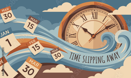 Illustration of a clock and calendar pages flowing in waves, conveying a sense of urgency with a blue and white color scheme.