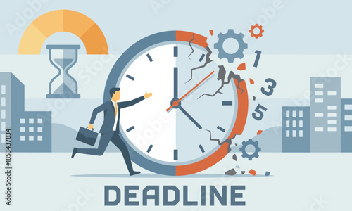 Businessman rushing past a large clock with deadline text in a cityscape with a sense of urgency and time running out.