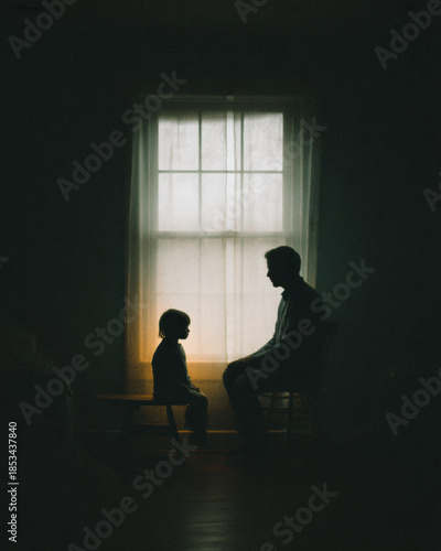 Silhouetted parent and child sit facing each other by a window, capturing a quiet, emotional moment of connection and reflection.
