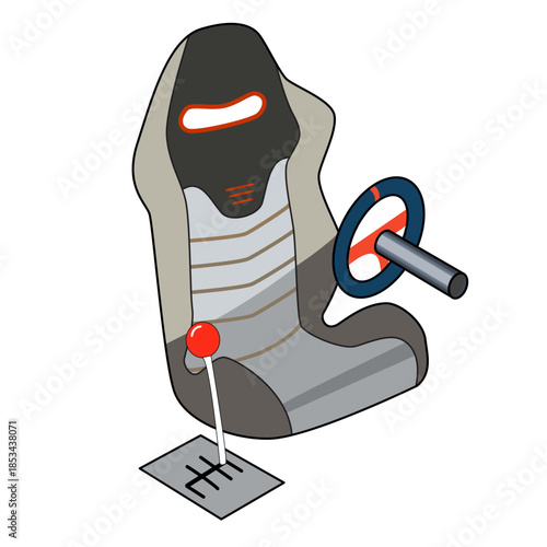 Illustration of Racing bucket seat and steering wheel and manual gear shifter