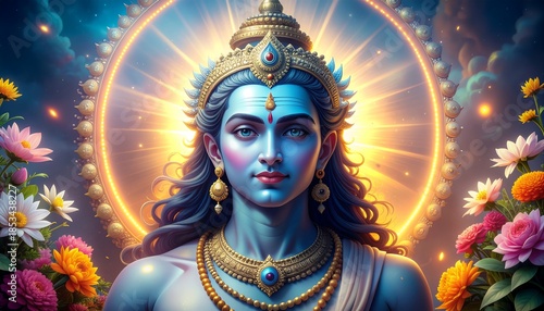 Digital illustration of a serene blue deity, radiating a divine presence. Golden crown, intricate jewelry, luminous halo, and vibrant blossoms symbolize spiritual enlightenment and peace