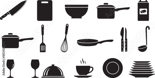 Kitchen utensils and dishes icons set in black