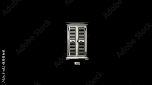Vintage wooden window with closed louvered shutters, isolated on a stark black background. Architectural detail, old house element.