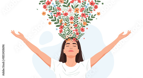 Woman feeling free and happy, with her arms raised and flowers blooming and exploding from her head in a positive concept.