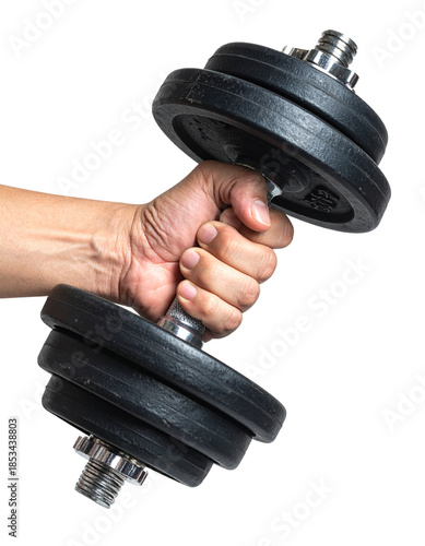 Hand holding a heavy black dumbbell, representing fitness and strength training Isolated on transparent or white, Cut out