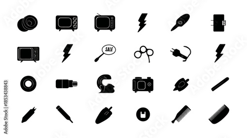 Variety of black silhouette vector icons including technology, vintage electronics, photography, tools, and everyday objects on white.