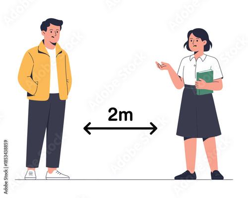 Two people stand two meters apart, maintaining social distancing during a pandemic.