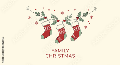 Family Christmas concept with a festive garland of holly and three hanging stockings on a simple, elegant background.