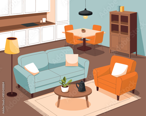 A modern living and dining room area with furniture and kitchen appliances.