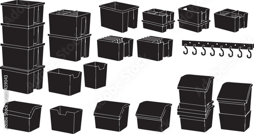 Black plastic storage containers and hooks