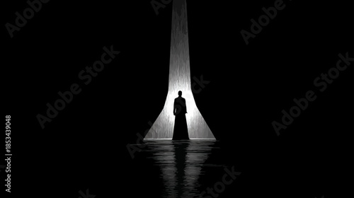 Mysterious silhouette of a person standing alone in a dramatic spotlight against a dark background, concept of discovery or contemplation.