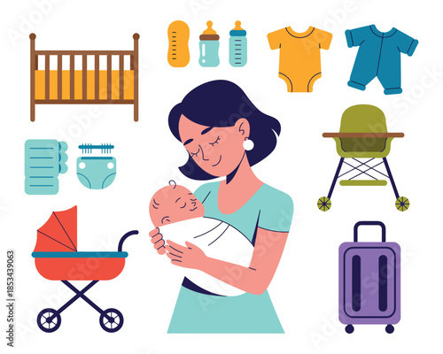 A loving mother cradles her sleeping baby surrounded by essential infant care items.