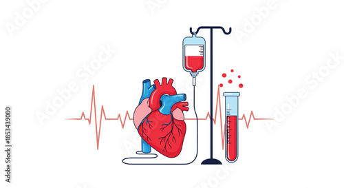 Medical concept of cardiology and blood donation, showing a human heart, a blood transfusion bag, a test tube, and an EKG line.
