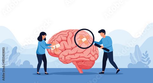 Concept of mental health care and healing, with a man and woman applying bandages to a large brain to represent therapy and support.
