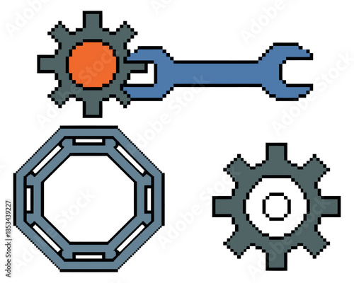 A wrench is adjusting a gear mechanism with other mechanical components.