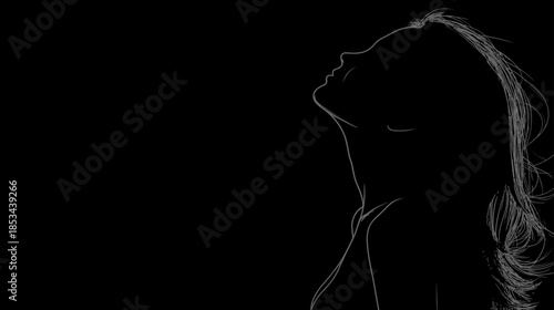 Artistic white line silhouette of a woman's profile looking up on a black background, representing freedom, beauty, and aspiration.