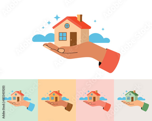 A hand gently holds a small house above fluffy clouds, symbolizing home ownership and care.