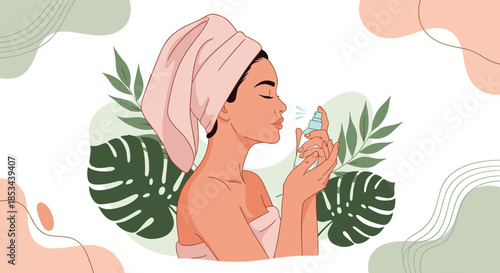 Woman wrapped in a towel after a shower spraying a facial mist as part of her daily skincare and beauty routine at home.