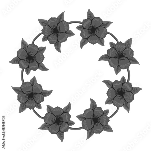 Monochrome floral wreath vector circle frame. Elegant grey scale flower border illustration. Botanical round frame for decorative design
