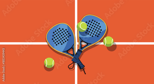 Top-down view of two blue padel rackets and three yellow tennis balls lying on an orange padel or tennis court.