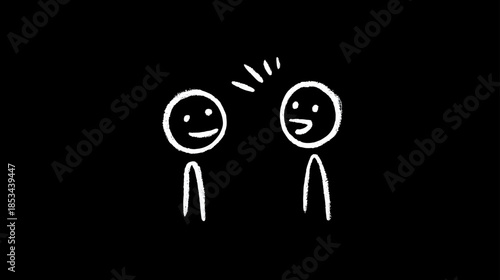 Hand-drawn stick figures communicating, engaging in conversation on a black background, symbolizing dialogue and interaction.