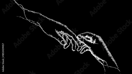 Graphic illustration of two stippled human hands reaching out to connect on a dark background, symbolizing touch, relationship, and care
