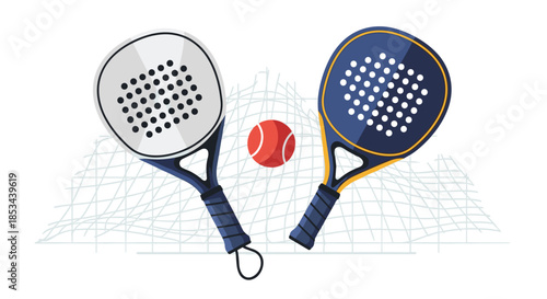 Illustration of two pop-art style padel rackets with a red ball in front of a stylized net, representing the sport of padel.