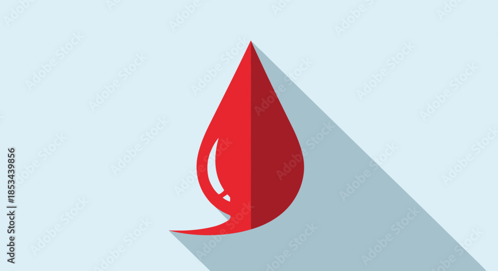 Fototapeta premium Minimalist flat design icon of a single red blood drop with a long shadow on a light blue background, symbolizing health and donation.