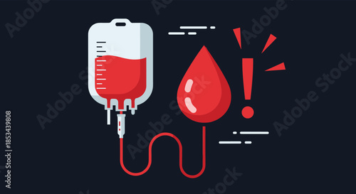 Urgent call for blood donation concept, illustrated with a blood transfusion bag and a large drop of blood with an exclamation mark.