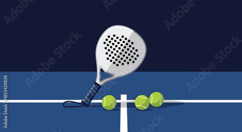Padel racket and three tennis balls resting on the white line of a dark blue court, ready for a competitive match.