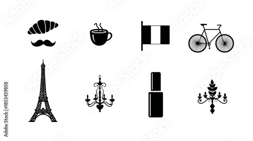 Set of Monochrome Culture and Lifestyle Icons: Croissant, Coffee, Mustache, Bicycle, Elegant Decor, and Beauty Symbols