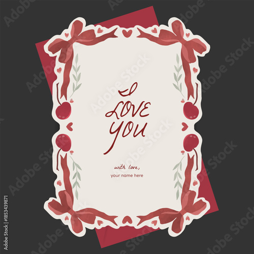 Red coquette, cherry, heart, branches floral, and ribbon illustration border for valentine, greeting, wedding, mothers day, birthday party, baby shower