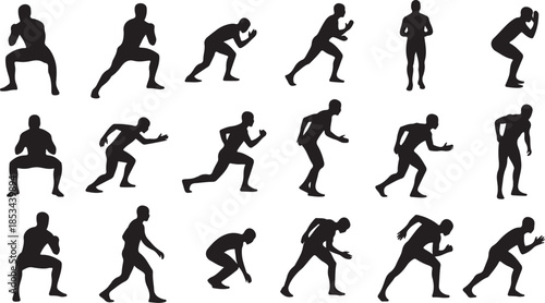 Collection of dynamic human running silhouettes in various poses