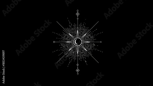 Elegant celestial sunburst design with crescent moon and star elements on black. Abstract spiritual esoteric symbol background.