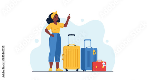 Happy African American woman tourist standing with her luggage, pointing upwards while waiting for her flight or transport.